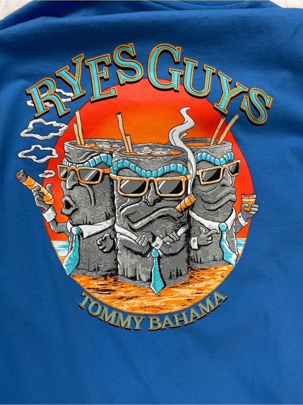 Tommy Bahama Blue Tiki Cocktail Graphic Tee with Orange Sunset